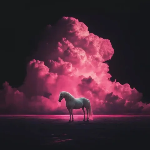 Surreal Black Landscape with Horse — Midjourney v6 AI Prompt: A surreal and dreamlike landscape: a completely black world where the ground and...
