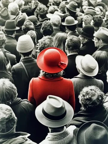 Red Hat Among Crowd — Midjourney v6 AI Prompt: Filmic, black and white photography, a group of people standing 45 degrees away...
