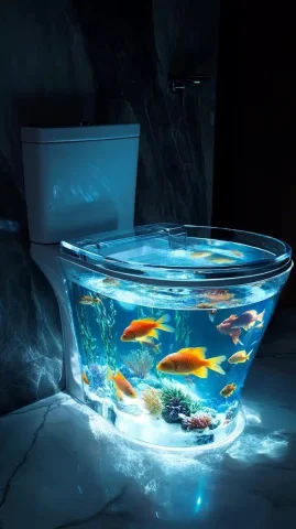 Transparent Fish Tank Toilet — Midjourney v6 AI Prompt: A modern, transparent fish tank toilet with colorful fish swimming inside, set i...