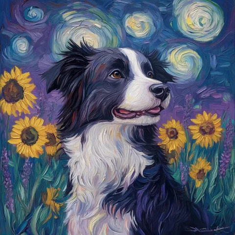 Impressionist Collie in Cosmos — Midjourney v6 AI Prompt: swirling starry night style border collie in van gogh brushstrokes, swirling cos...