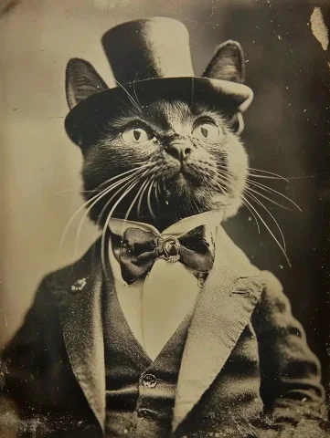 Dapper Cat in Retro Photography — Midjourney v6 AI Prompt: antropomorphic cat as Dapper Schemey scoundrel on a little bit deteriorated old...