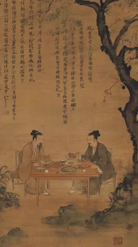 Gongbi Dining Scene Illustration — Midjourney v6 AI Prompt: A Chinese gongbi painting depicts an ancient scene of eating, where two people s...