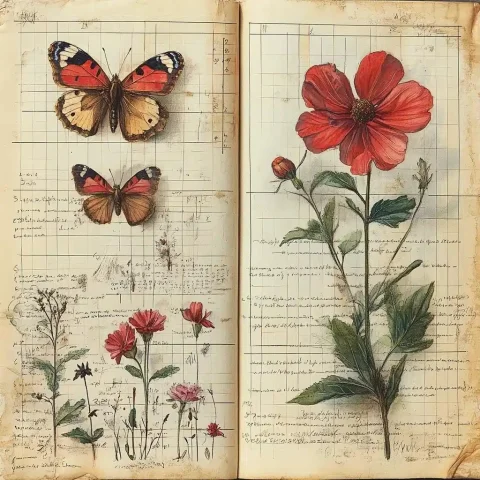 Naturalist Journal Sketches — Midjourney v6 AI Prompt: vintage naturalist's handwritten journal page with notes, sketches of flowers an...