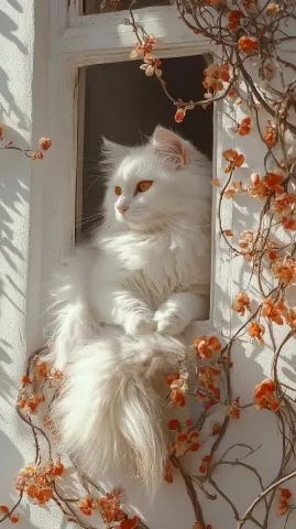 Dreamlike Cat by Window — Midjourney v6 AI Prompt: In the center of the pristine white wall, a window frame is cut out, with vines...