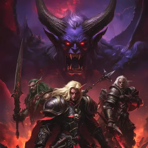 World of Warcraft Character Poster — Midjourney v6 AI Prompt: A video game poster featuring characters from World of Warcraft, including the c...