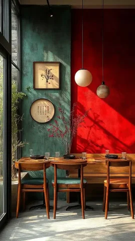 Minimalist Chinese Restaurant Design — Midjourney v6 AI Prompt: A minimalist Chinese restaurant with a red and green color scheme, featuring sol...