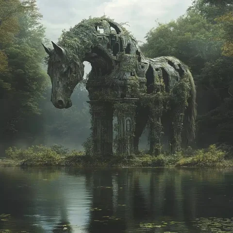 Fantasy Altar Horse Reflection — Midjourney v6 AI Prompt: An old dilapidated altar, partially submerged in the water of a lake, resembling...