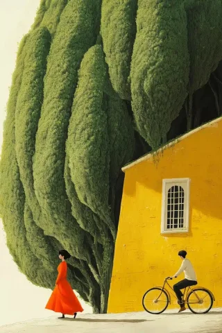 Surreal House of Trees — Midjourney v6 AI Prompt: A woman in an orange dress and a man on a bike, walking through giant green tree...