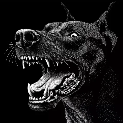 Pointillist Doberman in Shadows — Midjourney v6 AI Prompt: A dramatic black-and-white pointillist illustration of A vicious doberman appear...