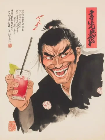 Samurai with Gin in Yamato-e — Midjourney v6 AI Prompt: smiling samurai drinking gin, storytelling composition, 12th-century Yamato-e st...