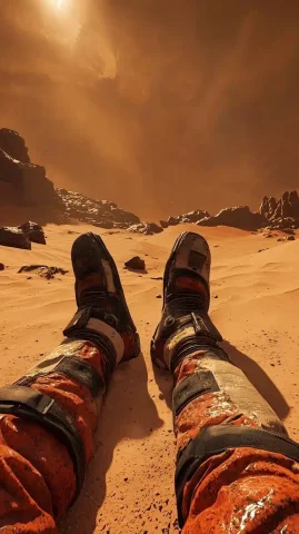 Astronaut POV on Mars — Midjourney v6 AI Prompt: First-person perspective (POV) of an astronaut waking up on Mars, lying on the g...