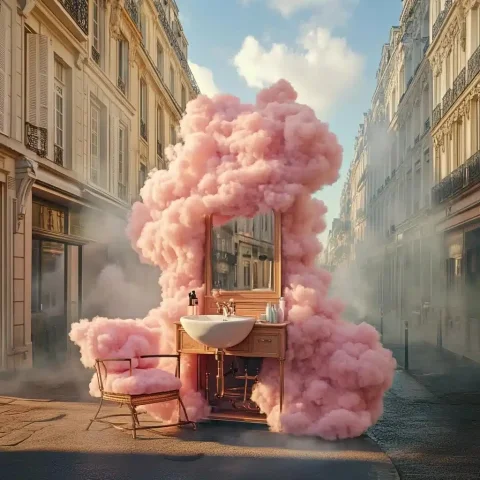 Realistic Pink Cloud Sink — Midjourney v6 AI Prompt: Modern hairdresser sink connected to armchair completely made out of pink clouds...