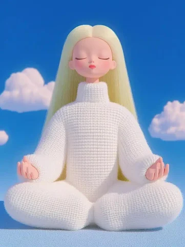 Cartoon Barbie Statue Meditation — Midjourney v6 AI Prompt: a solemn statue blonde Barbie doll wearing a white New Chinese style clothing,si...