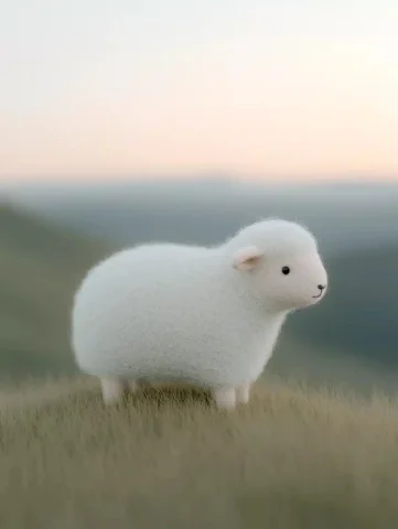 Felt Lamb in Sunset — Midjourney v6 AI Prompt: A lamb grazing on the grassland with a flock of sheep grazing on the vast grassl...
