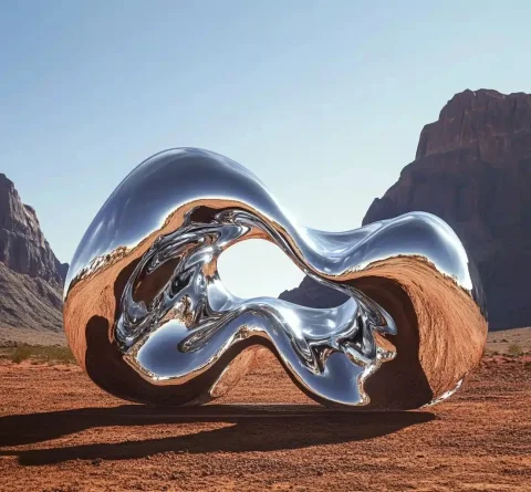 Surreal Silver Sculpture Desert — Midjourney v6 AI Prompt: A silver, liquid-like sculpture in the shape of two intertwined forms, standing...