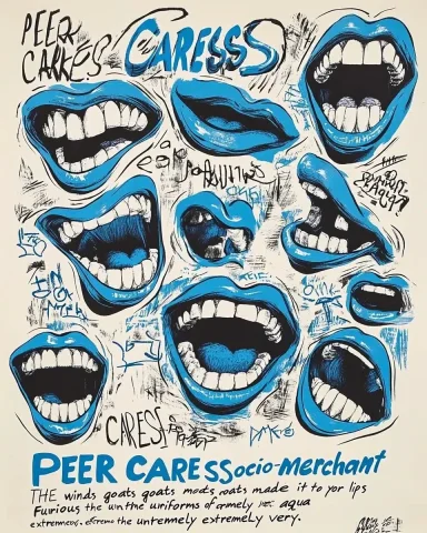 Collage of Mouths Poster — Midjourney v6 AI Prompt: A poster with the text "PEER CARESS socio-merchant" in blue and white, with vari...