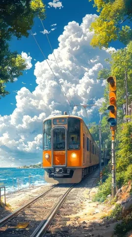Anime Train by Seashore — Midjourney v6 AI Prompt: Anime illustration of an old train on the seashore with two yellow and blue traf...
