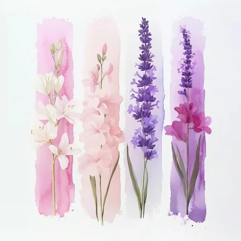 Watercolor Floral Brushstrokes Collage — Midjourney v6 AI Prompt: Hand-drawn watercolor collage featuring [ four ] distinct vertical brushstrokes...