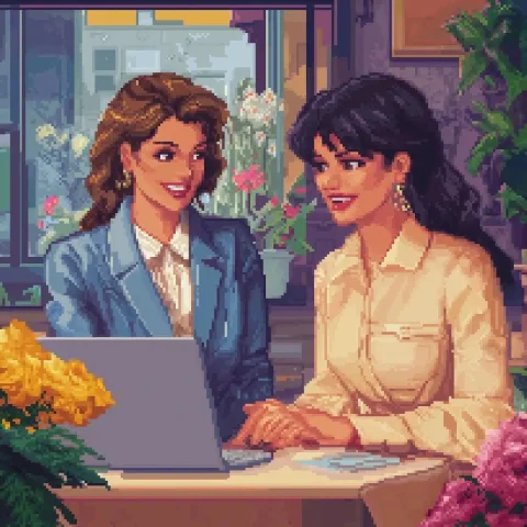 Pixel Art Women Discussing — Midjourney v6 AI Prompt: Two smiling 30-year-old women in classic clothes are standing at a table and dis...