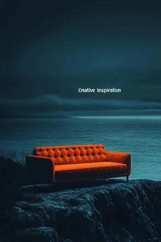 Minimalist Sofa by Ocean Cliff — Midjourney v6 AI Prompt: A sofa on the edge of an ocean cliff, with the words "Creative Inspiration" writ...
