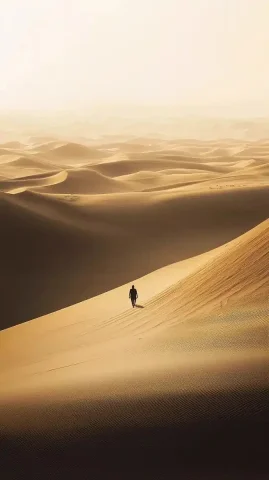 Minimalist Desert Solitude Shot — Midjourney v6 AI Prompt: A minimalist cinematic shot, vast open desert with a tiny lone figure walking al...