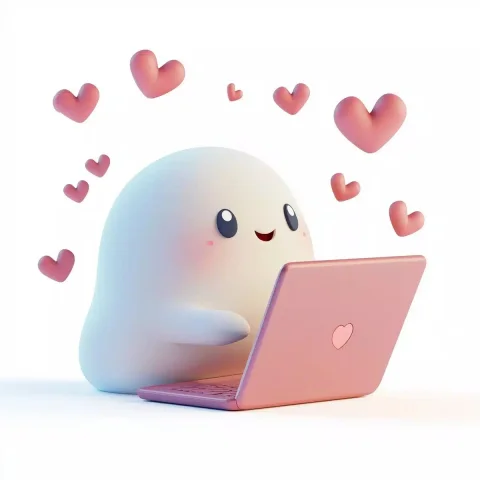 Animated Character with Hearts — Midjourney v6 AI Prompt: Push In on a cute animated character sitting in front of a laptop, surrounded by...