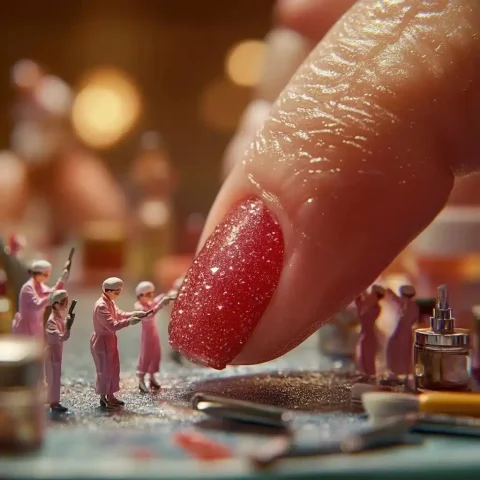 Hyper-Realistic Nail Art Scene — Midjourney v6 AI Prompt: A highly detailed close-up of a giant human fingernail placed on a professional...