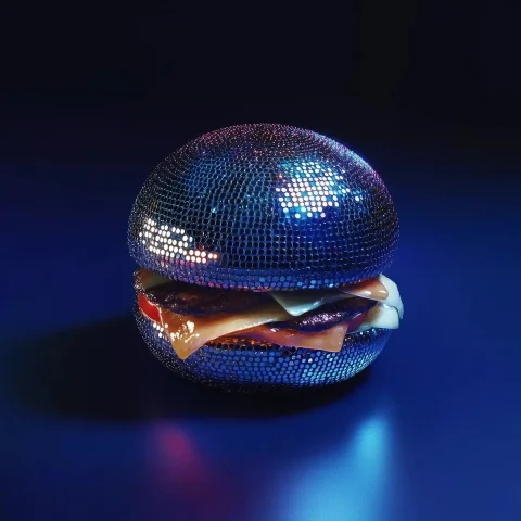Disco Ball Hamburger Shot — Midjourney v6 AI Prompt: A cinematic shot of a hamburger with the texture of a disco ball on a bun, dark...