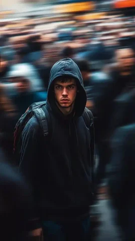 Surreal Young Man in Motion — Midjourney v6 AI Prompt: young man wearing a hoodie and backpack, standing still in a busy street, blurre...