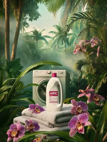 ARIC Washing Powder Display — Midjourney v6 AI Prompt: advertising banner for washing powder "ARIC" photo of a white matte bottle stand...