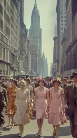 1920s Flapper Street Photography — Midjourney v6 AI Prompt: A bustling New York street in the 1920s, beautiful women walking in Flapper styl...