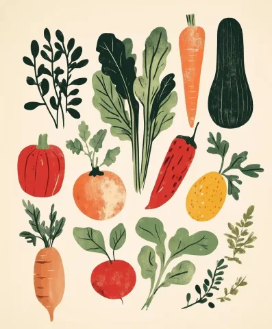 Vegetable Illustration in Arsenault Style — Midjourney v6 AI Prompt: Illustration of vegetables, in green and red colors, on a beige background, in t...