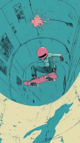 Radical 90s Skateboard Design — Midjourney v6 AI Prompt: 90s album cover design, mutant Tamagotchi character performing radical halfpipe...
