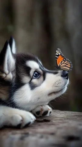 Husky Puppy with Butterfly — Midjourney v6 AI Prompt: This photo shows a furry husky puppy interacting with a small butterfly. The pup...