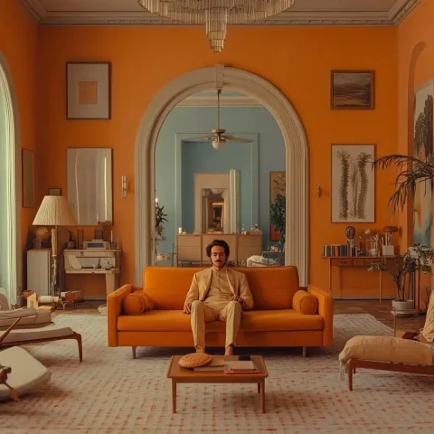Symmetrical Room in Anderson Style — Midjourney v6 AI Prompt: Wes Anderson inspired setting. A room with the occupant of the home in the cente...