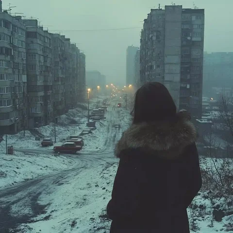 Cinematic Urban Winter Scene — Midjourney v6 AI Prompt: Cinematic, moody, dramatic lighting, Overcast, cold, soft glow from streetlights...