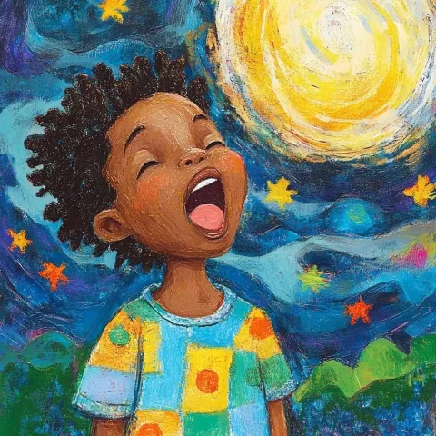 Colorful Illustration of Singing Boy — Midjourney v6 AI Prompt: illustration, colorful childrens book, black 5 year old boy on earth singing me...