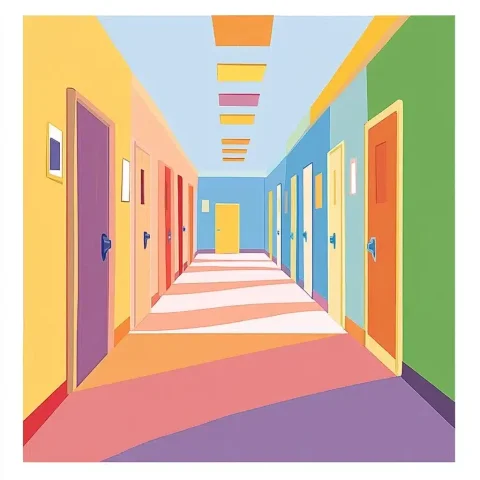 Playful School Hallway Illustration — Midjourney v6 AI Prompt: A playful, colorful children's book image featuring a cheerful, w image of an el...