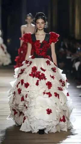 Runway Snow White Fashion — Midjourney v6 AI Prompt: If princess Snow White was dressed by simone rocha a model on a runway full leng...