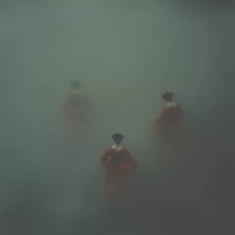 Geisha Dance in Fog — Midjourney v6 AI Prompt: old film long distance photo of three geisha women are dancing in the fog . its...