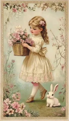 Antique Valentine Card Design — Midjourney v6 AI Prompt: old antique valentine's day card with a girl holding a basket of flowers with a...