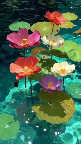 Vibrant Lotus and Lily Pads — Midjourney v6 AI Prompt: A colorful illustration of lotus flowers and leaves floating on the water, creat...