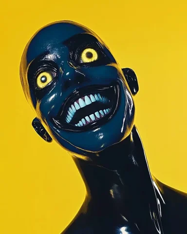 Eerie Blue Man Portrait — Midjourney v6 AI Prompt: Close-up on the face of an eerie, blue-skinned man with a large smile, glowing e...