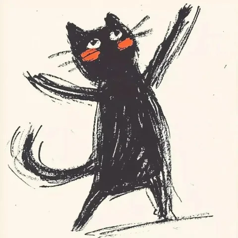 Black Cat Dancing Digitally — Midjourney v6 AI Prompt: A black cat in , dancing in a simple drawing style on a white background. Digita...
