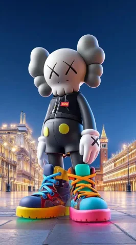 Kaws Mouse at Italian Palace — Midjourney v6 AI Prompt: Kaws, a mouse character in a black suit and colorful sneakers with a Kaws logo o...
