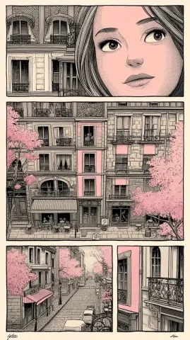 Tri-Panel Paris Cafe Illustration — Midjourney v6 AI Prompt: spring paris cafe illustration, tri-panel, in the style of pale pink and light g...