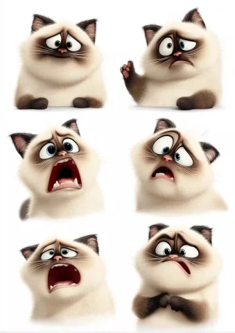 Siamese Cat Emoji Pack — Midjourney v6 AI Prompt: 3DQ-version a siamese cat, chubby, close-up of the face, close-up of expressions...