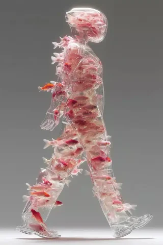 Glass Figure with Goldfish — Midjourney v6 AI Prompt: a human full body made of glass filled with floating goldfish, visual metaphor f...