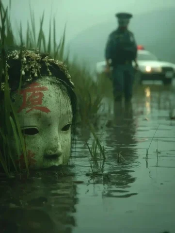 Surreal Detective Doll Swamp — Midjourney v6 AI Prompt: A Chinese festival doll head emerging from a swamp, a detective, misty atmospher...