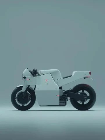 Minimalist White Motorcycle Design — Midjourney v6 AI Prompt: White motorcycle, profile view, product design, minimalism, in the style of Teen...